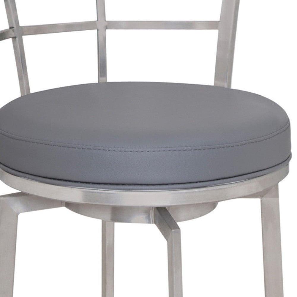 35" Gray Faux Leather And Iron Swivel Low Back Counter Height Bar Chair