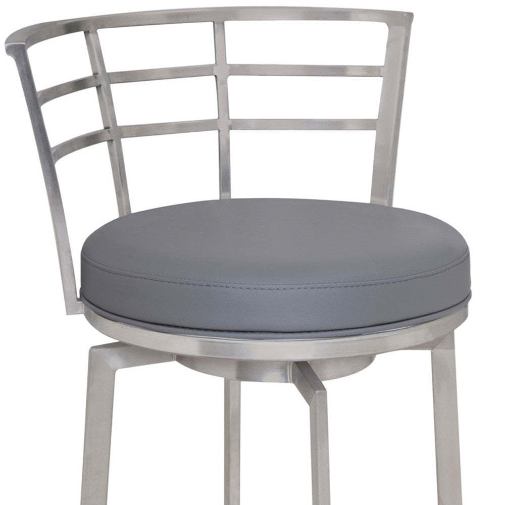 35" Gray Faux Leather And Iron Swivel Low Back Counter Height Bar Chair