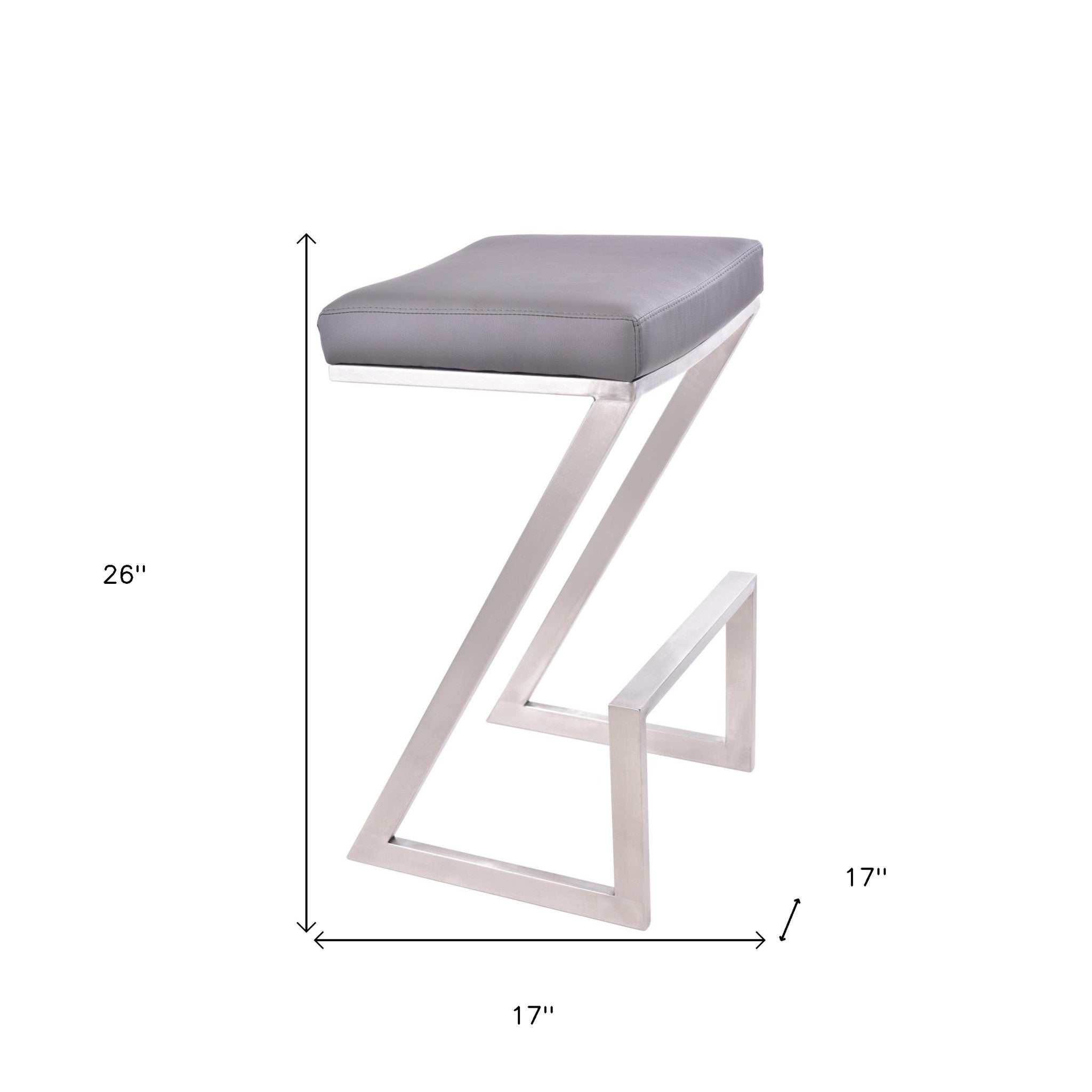 26" Contempo Grey Faux Leather and Stainless Backless Bar Stool