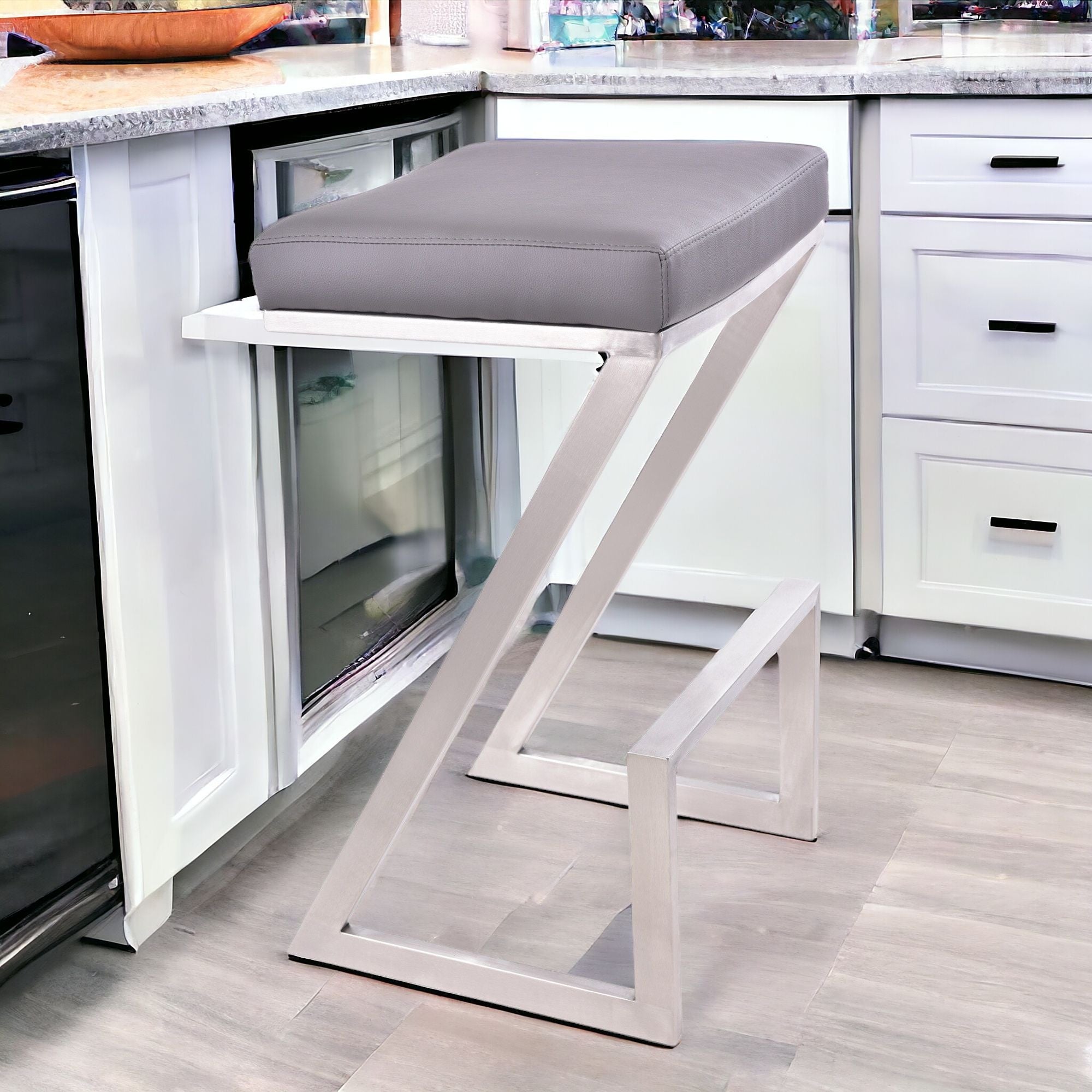 26" Contempo Grey Faux Leather and Stainless Backless Bar Stool