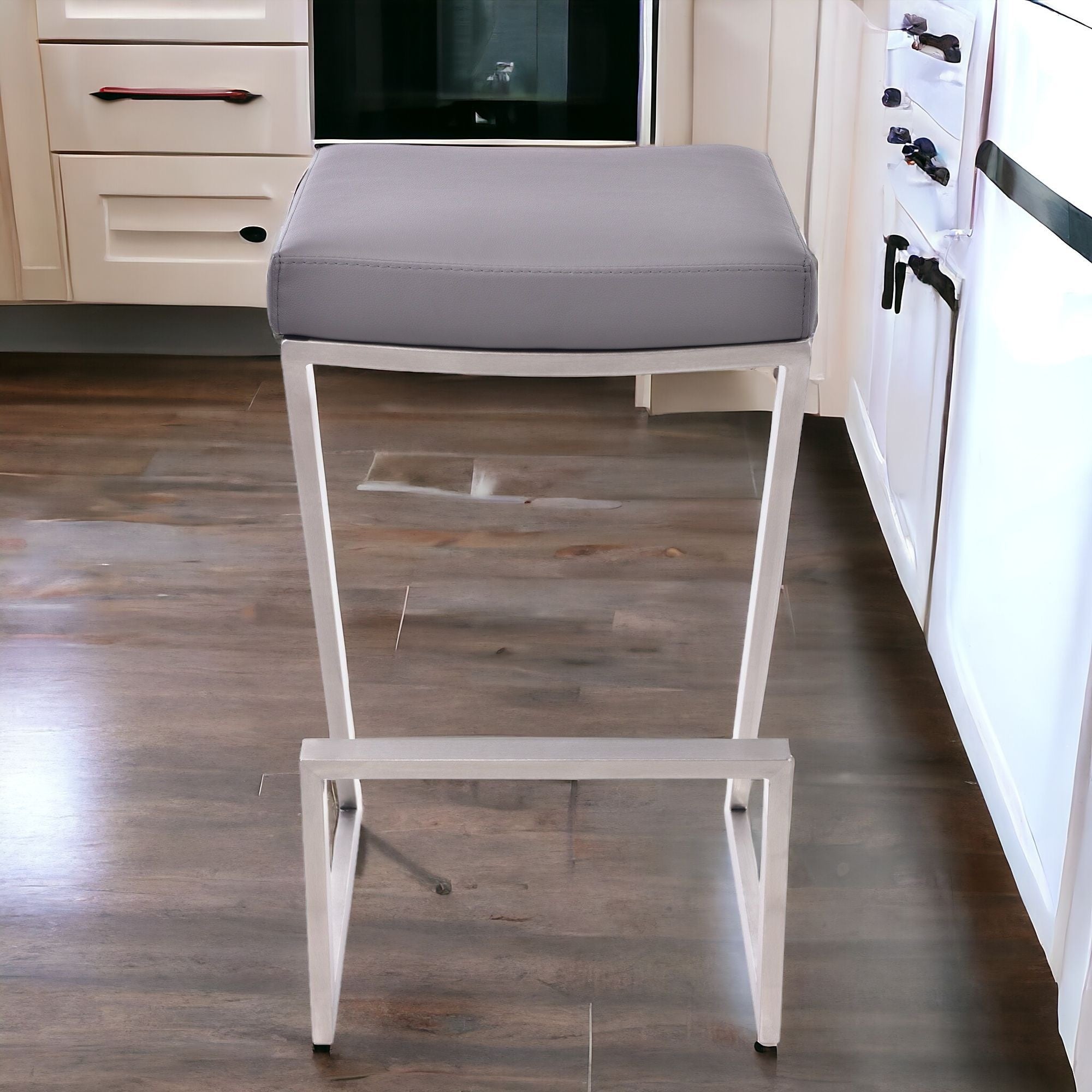 26" Contempo Grey Faux Leather and Stainless Backless Bar Stool