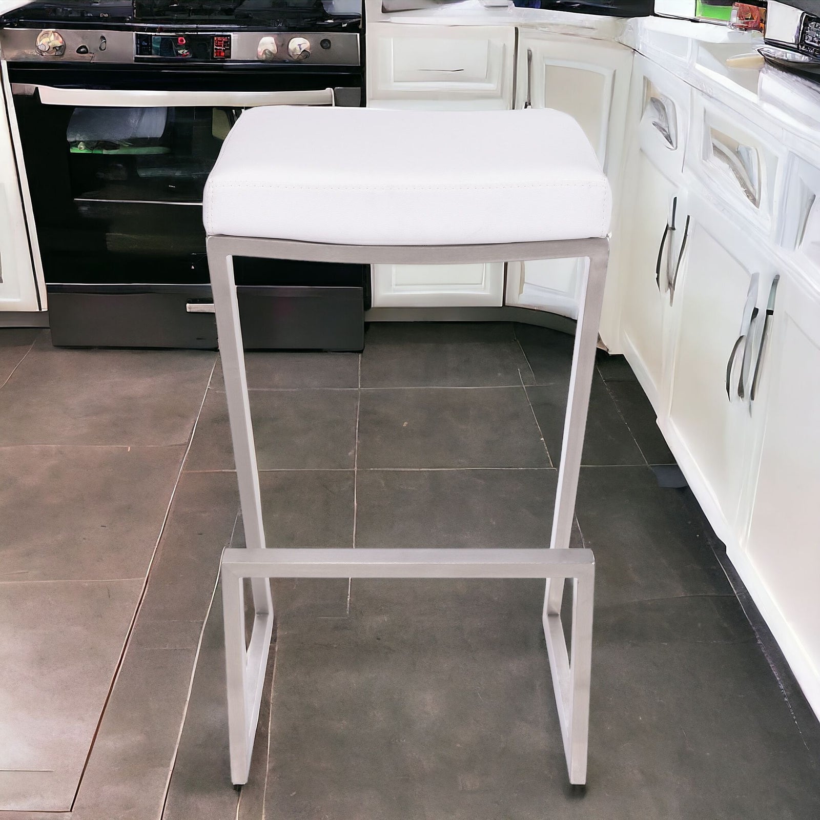 Contempo White Faux Leather and Stainless Backless Bar Stool 26"
