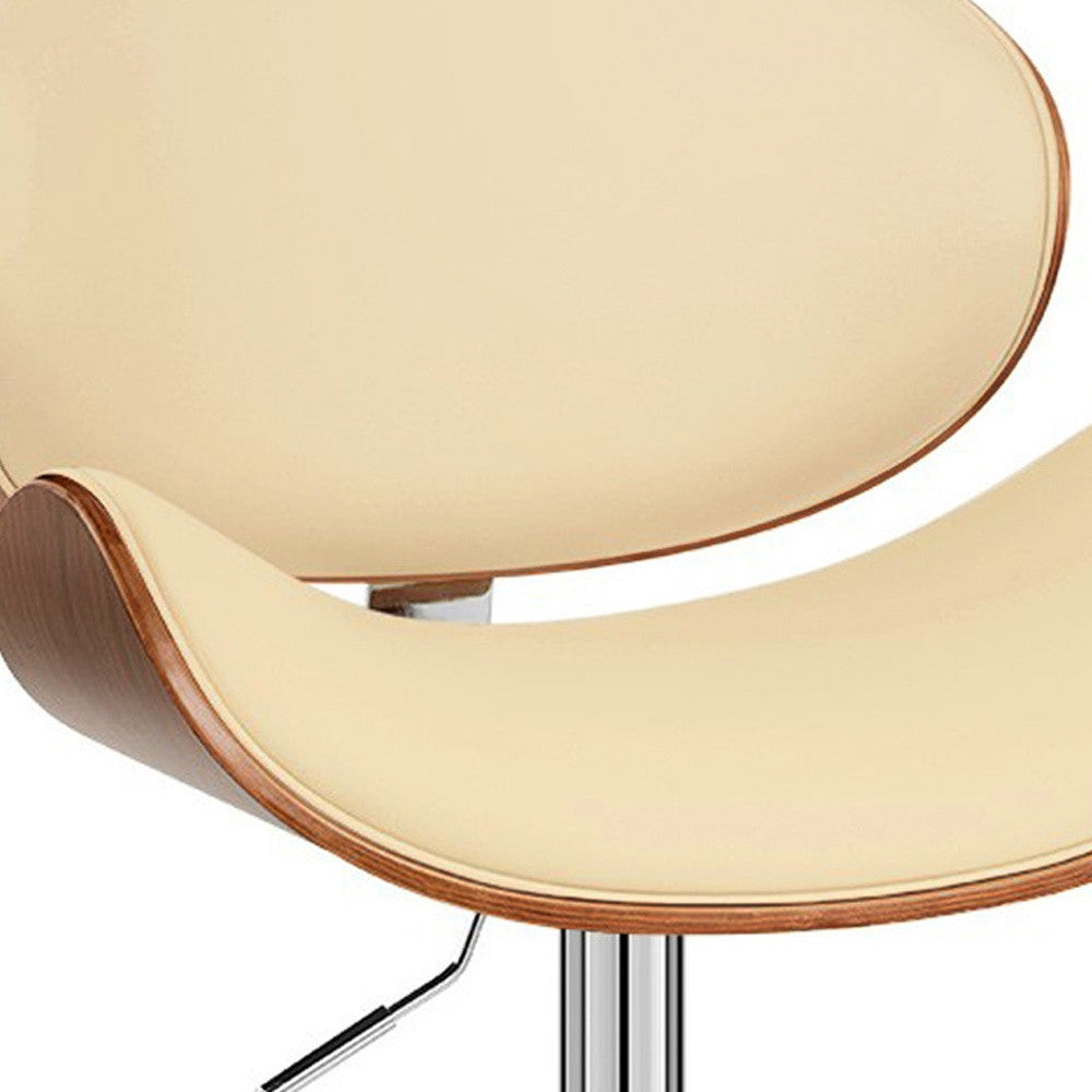 45" Cream Faux Leather And Solid Wood Swivel Adjustable Height Bar Chair
