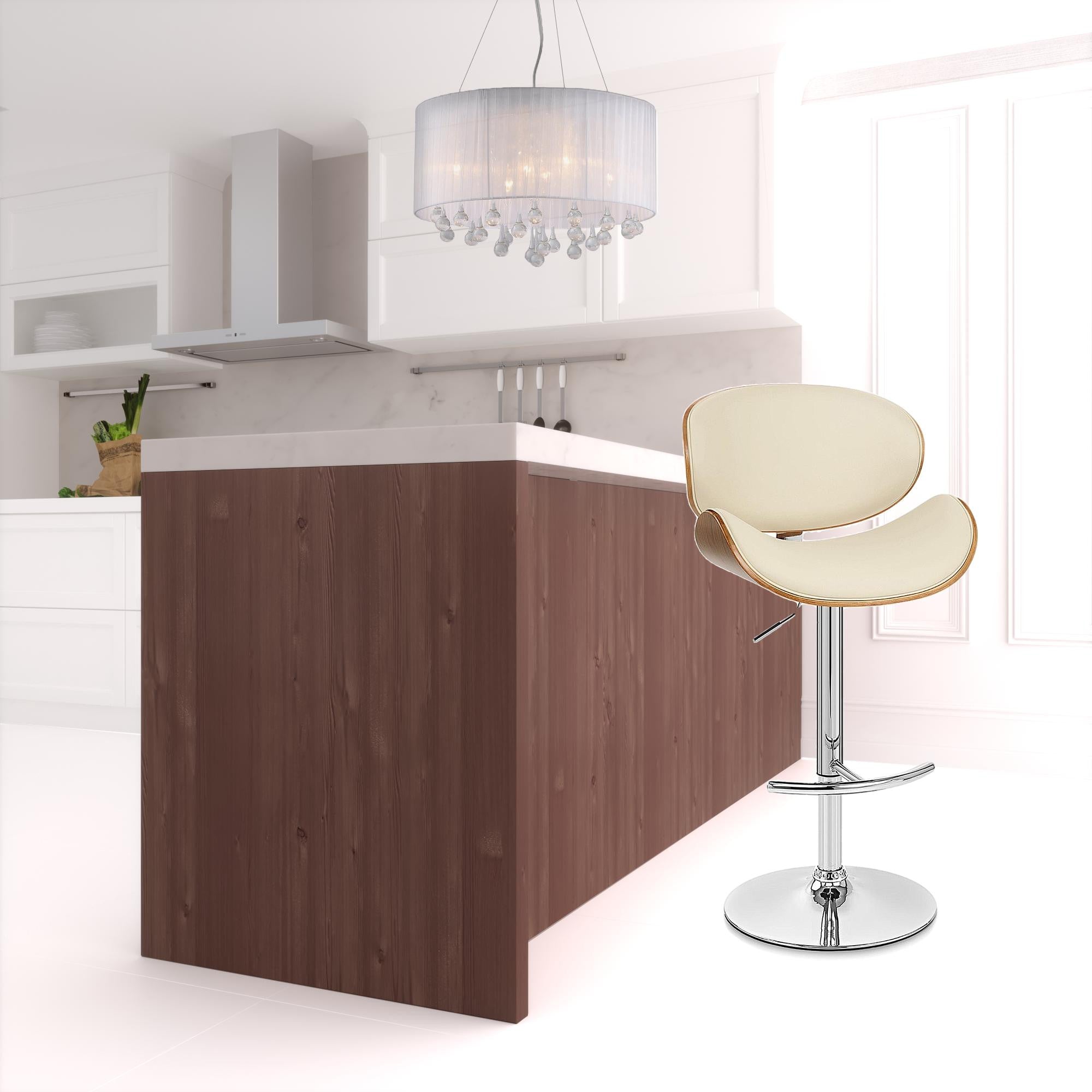 45" Cream Faux Leather And Solid Wood Swivel Adjustable Height Bar Chair