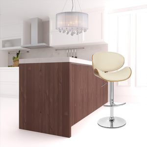 45" Cream Faux Leather And Solid Wood Swivel Adjustable Height Bar Chair