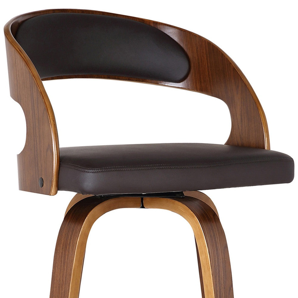37" Brown Faux Leather And Solid Wood Swivel Counter Height Bar Chair