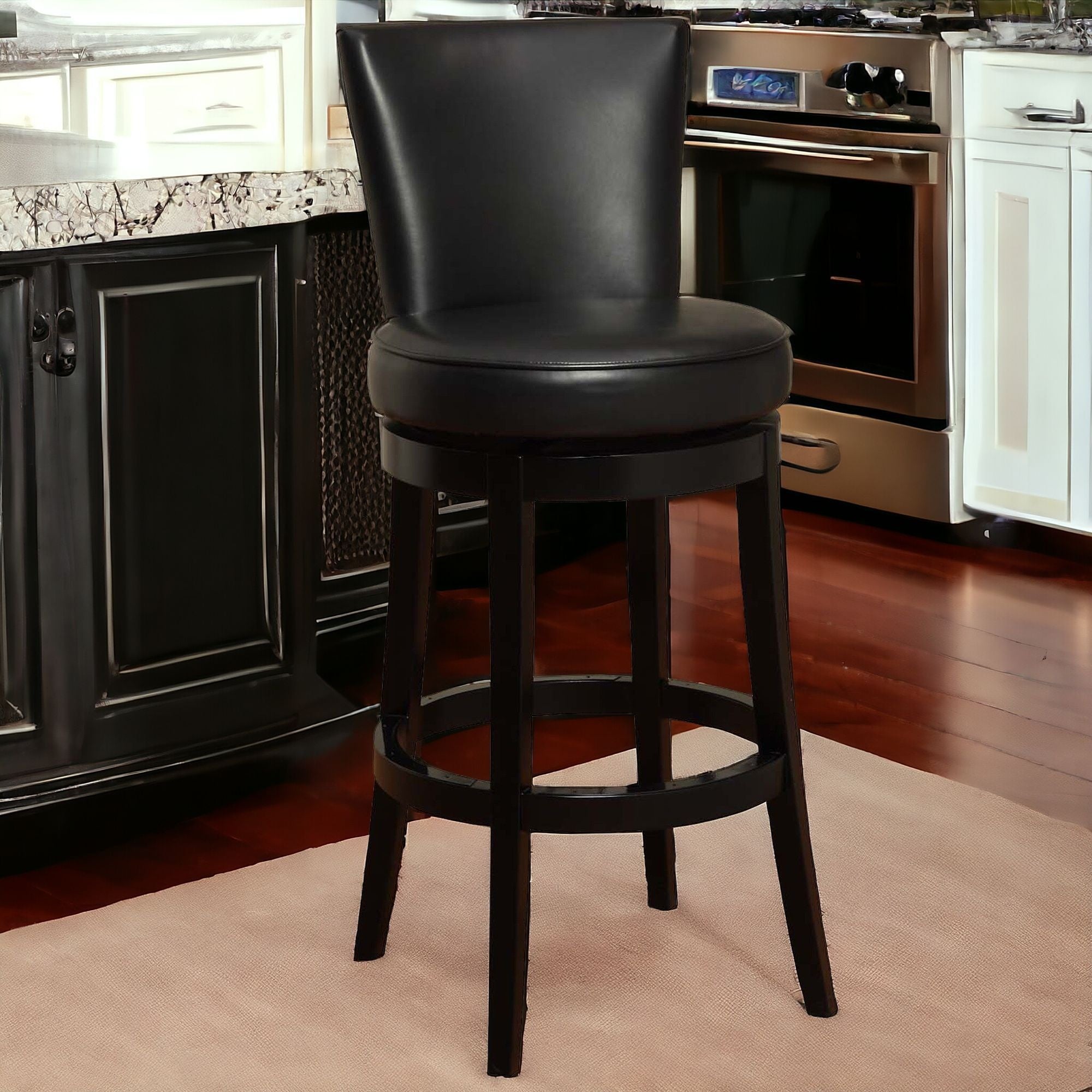 30" Black Faux Leather Round Seat Black Wood Swivel Armless Bar Stool