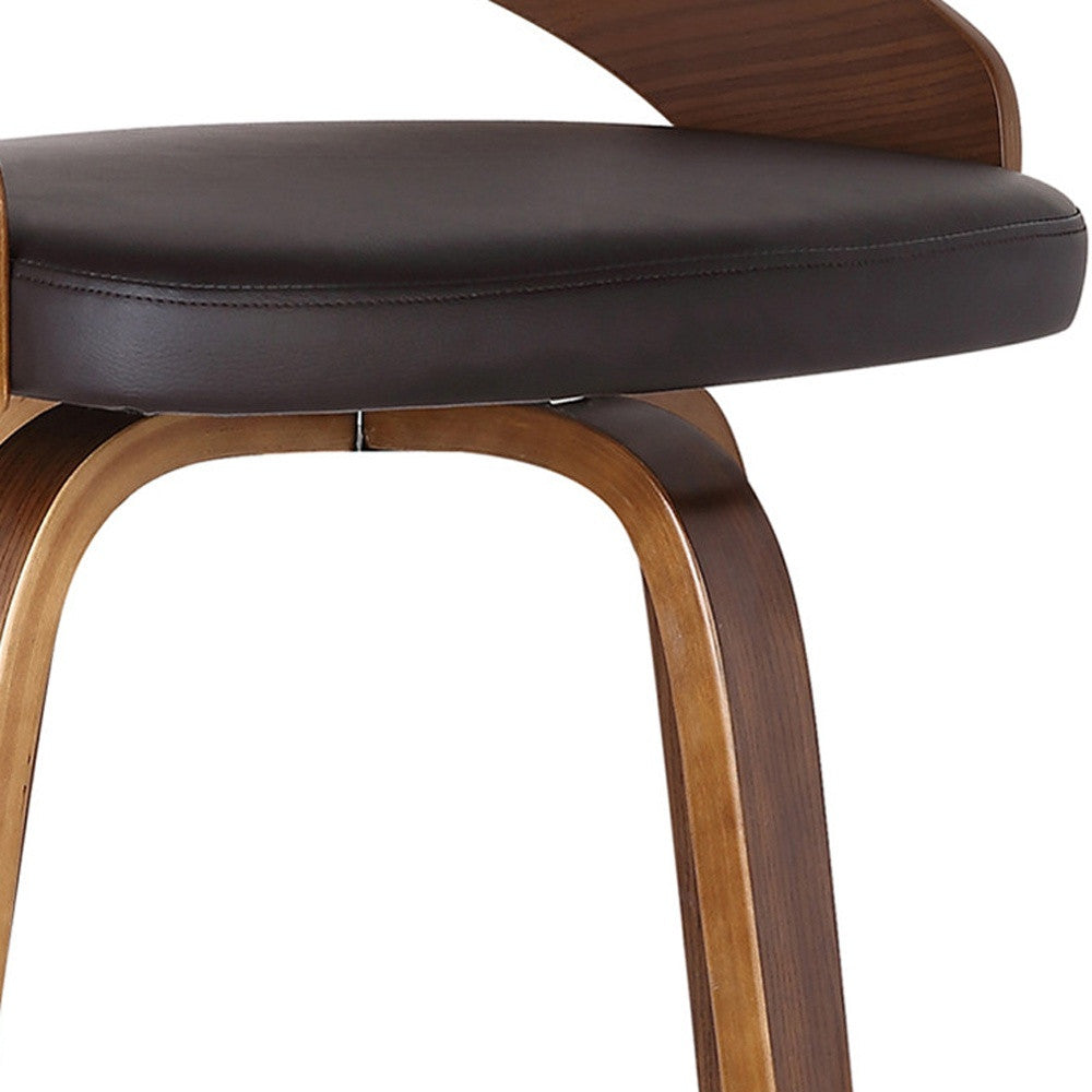 31" Brown Faux Leather And Solid Wood Swivel Low Back Counter Height Bar Chair With Footrest