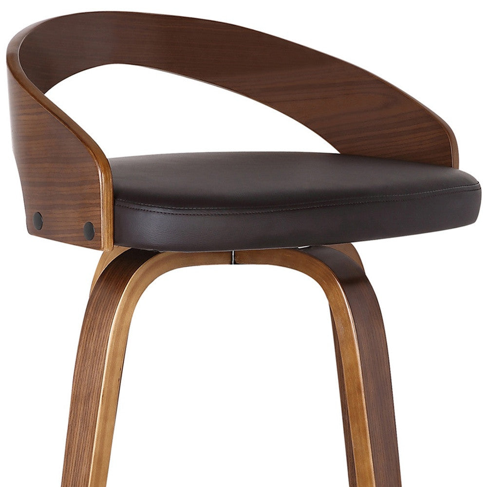 31" Brown Faux Leather And Solid Wood Swivel Low Back Counter Height Bar Chair With Footrest