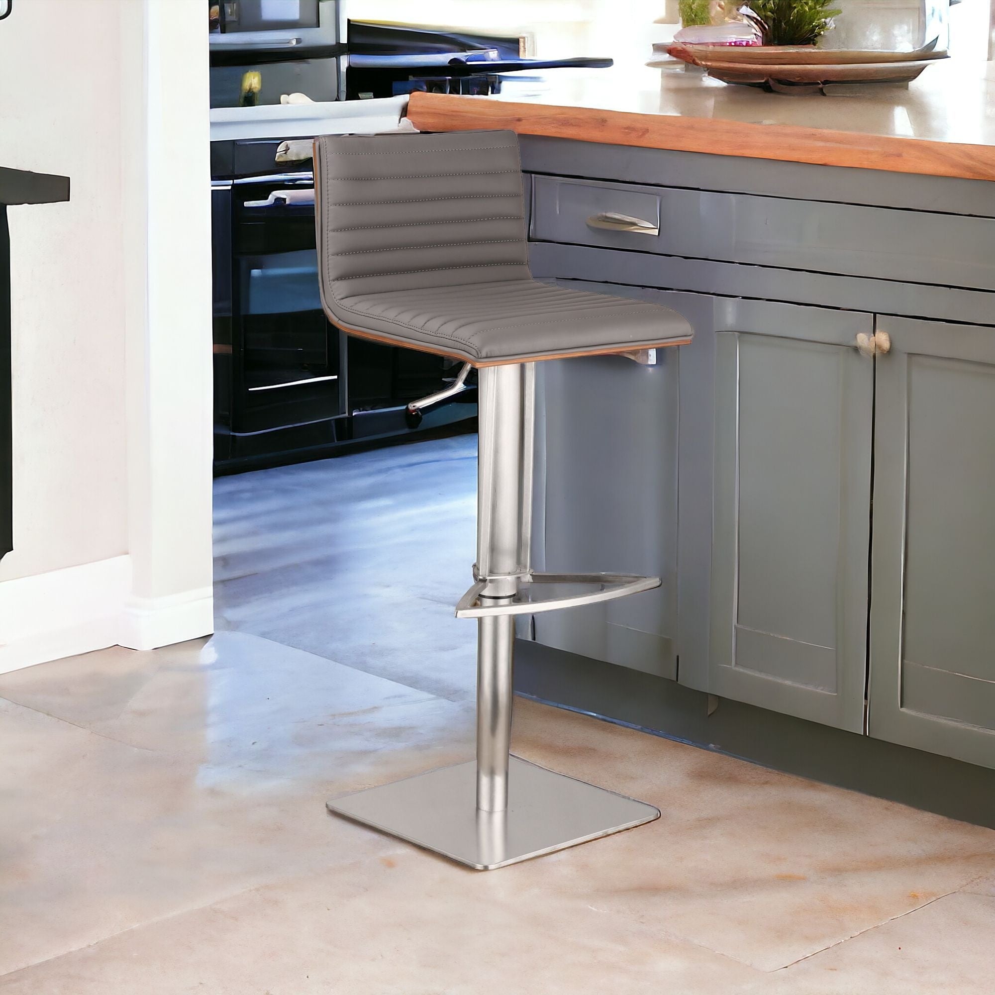 Grey Faux Leather Armless Swivel Bar Stool with Brushed Stainless Steel Base