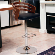 Black Faux Leather Walnut and Chrome Adjustable Swivel Bar Stool