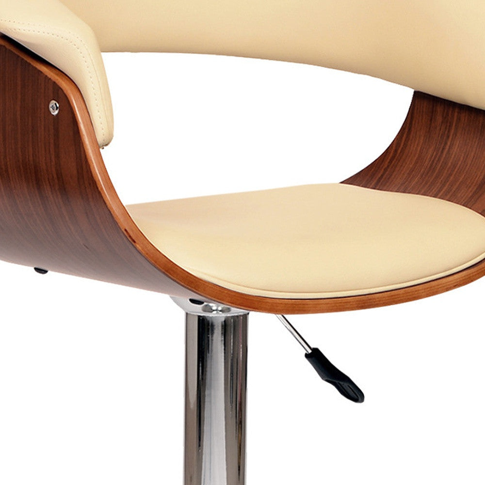 44" Cream And Silver Faux Leather And Solid Wood Swivel Low Back Adjustable Height Bar Chair With Footrest