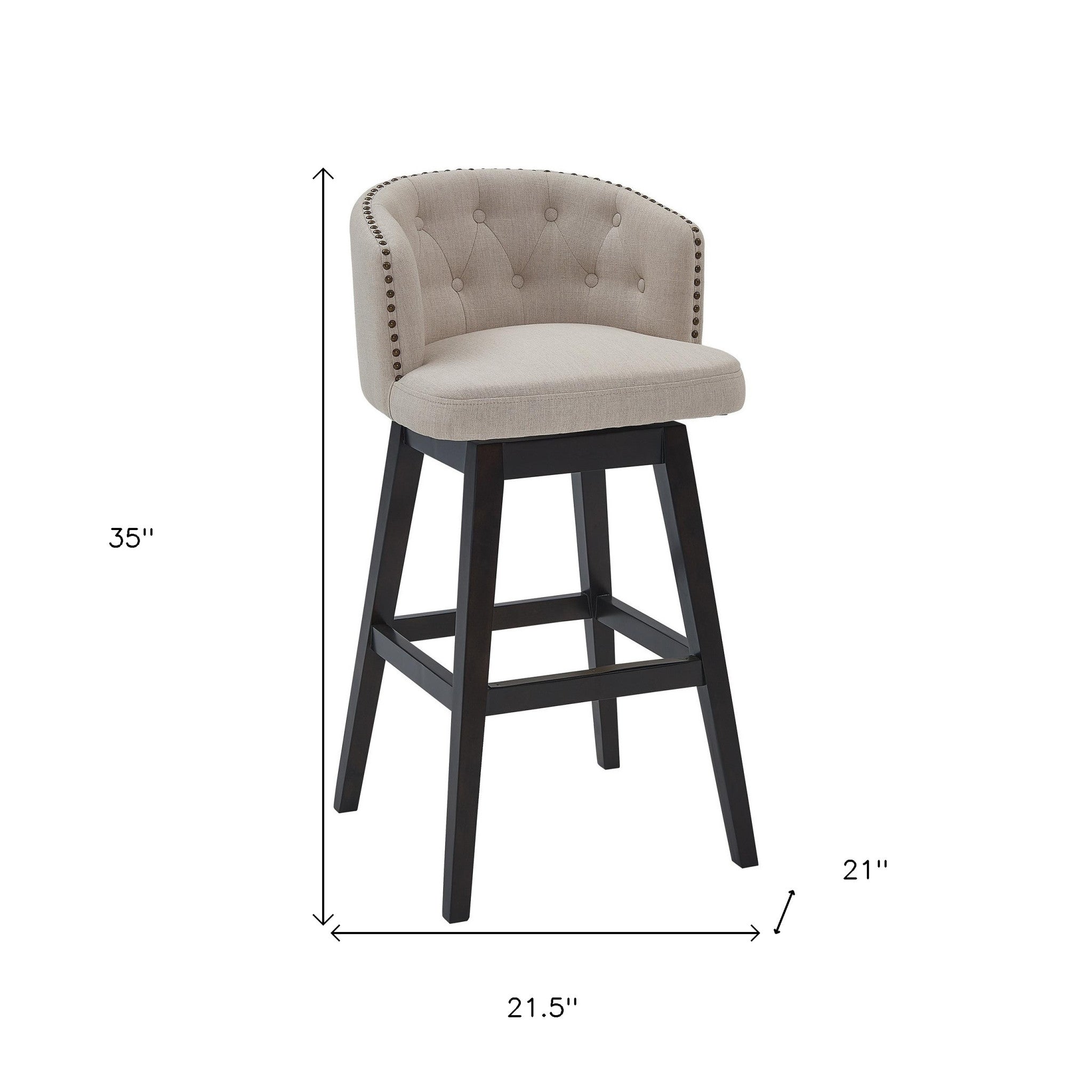 26" Tan Tufted Fabric and Dark Espresso Wood Swivel Bar Stool