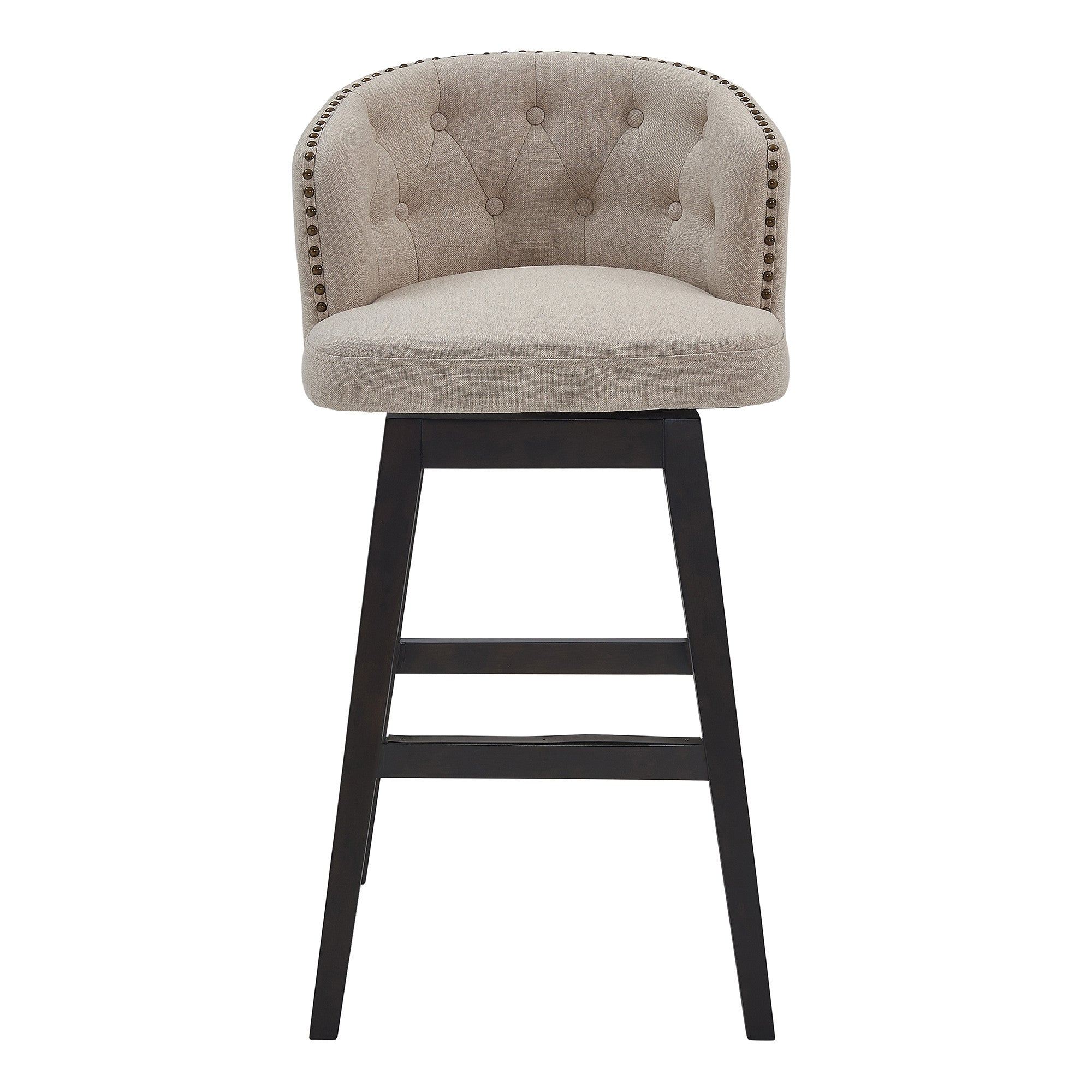 30" Tan Tufted Fabric and Dark Espresso Wood Swivel Bar Stool