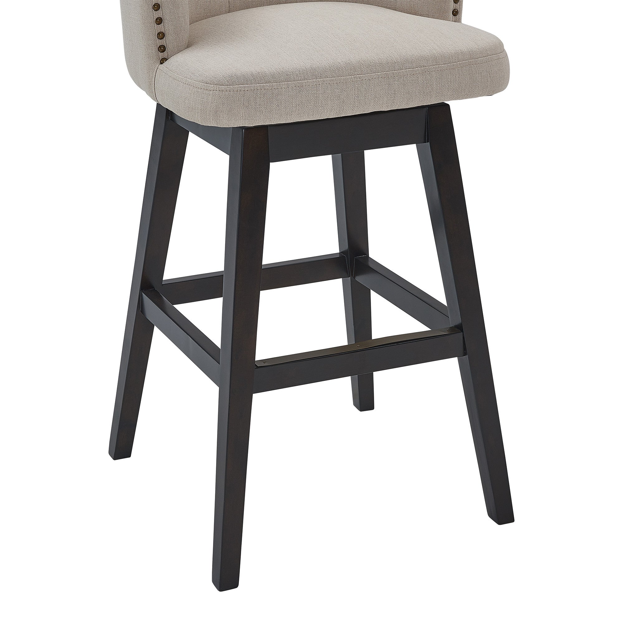 30" Tan Tufted Fabric and Dark Espresso Wood Swivel Bar Stool
