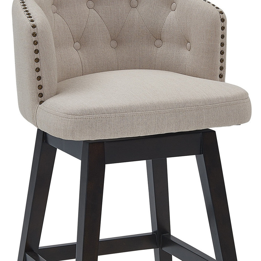 30" Tan Tufted Fabric and Dark Espresso Wood Swivel Bar Stool