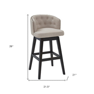 30" Tan Tufted Fabric and Dark Espresso Wood Swivel Bar Stool