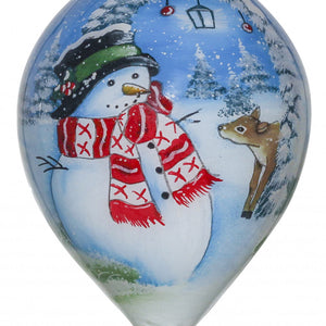 Adorable Snowman and Deer Hand Painted Mouth Blown Glass Ornament