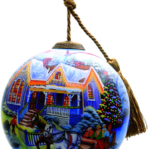 Christmas Home and Horse Carriage Hand Painted Mouth Blown Glass Ornament