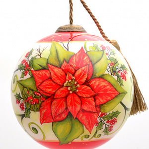 Poinsettia Flower Hand Painted Mouth Blown Glass Ornament