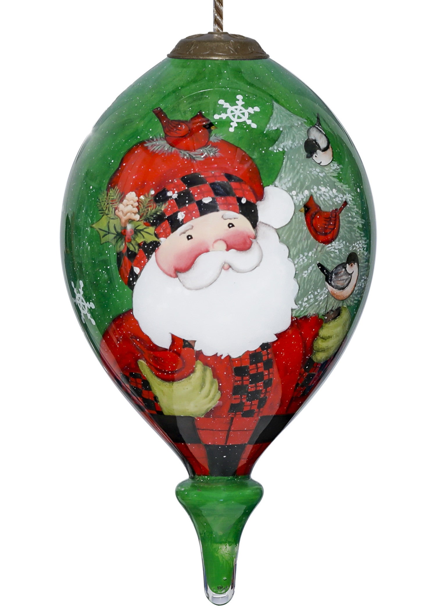 Plaid Santa with Cardinals Hand Painted Mouth Blown Glass Ornament