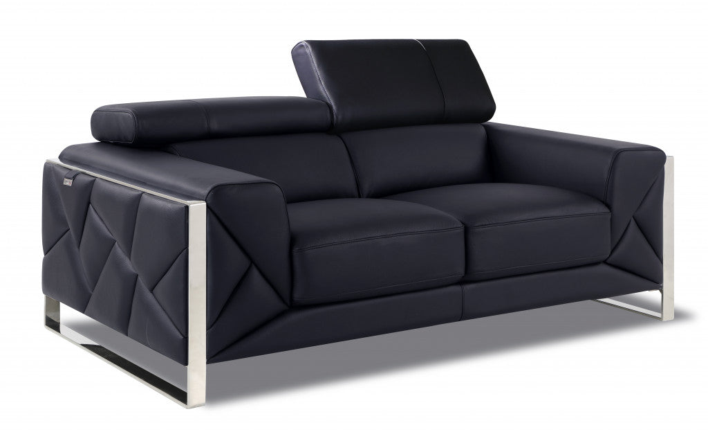 Black Italian Leather and Chrome Solid Color Love Seat 75"