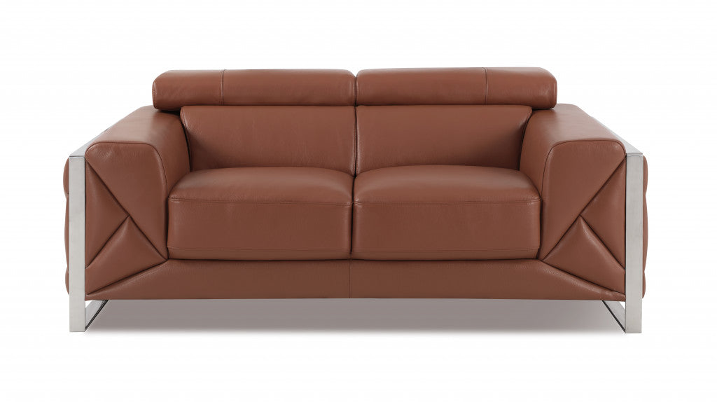 Camel Brown Italian Leather and Chrome Love Seat 75"