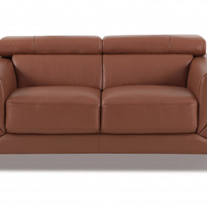 Camel Brown Italian Leather and Chrome Love Seat 75"