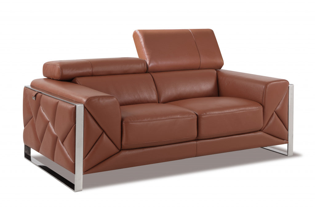 Camel Brown Italian Leather and Chrome Love Seat 75"