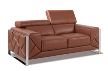 Camel Brown Italian Leather and Chrome Love Seat 75