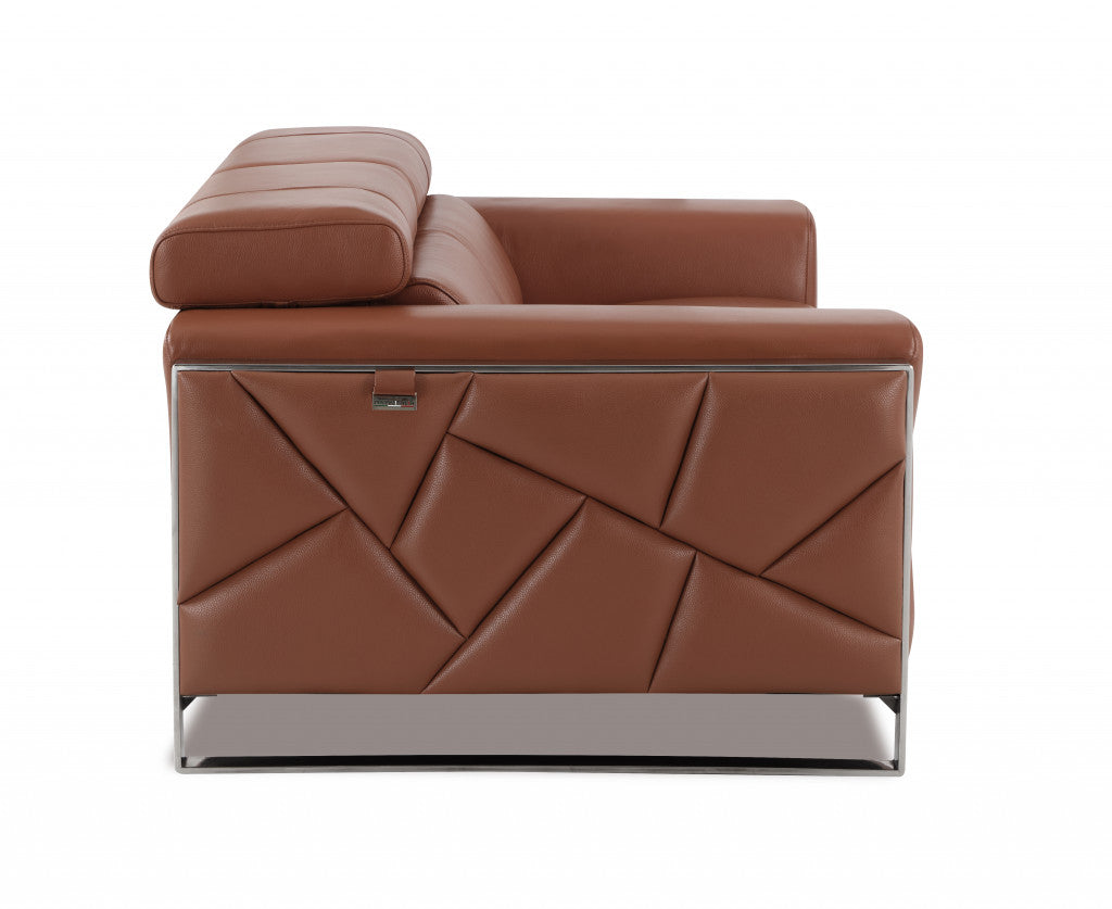 Camel Brown Italian Leather and Chrome Love Seat 75"