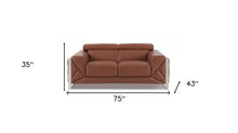 Camel Brown Italian Leather and Chrome Love Seat 75
