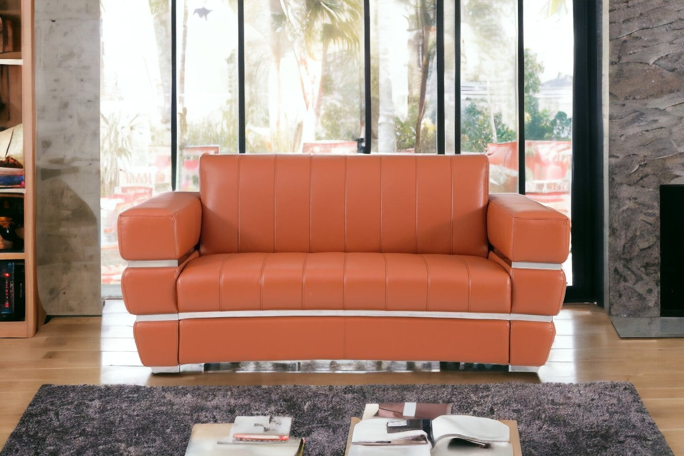 75" Camel Brown Italian Leather with Chrome Accents Love Seat