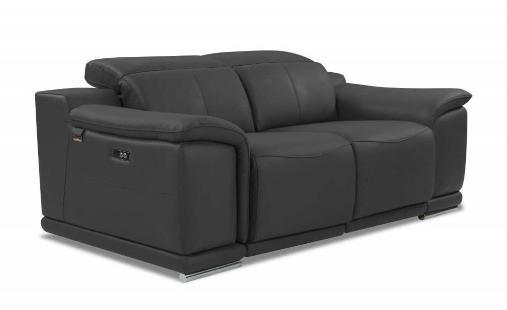 Love Seat reclinable de cuero italiano gris oscuro con espacio de almacenamiento de 72"