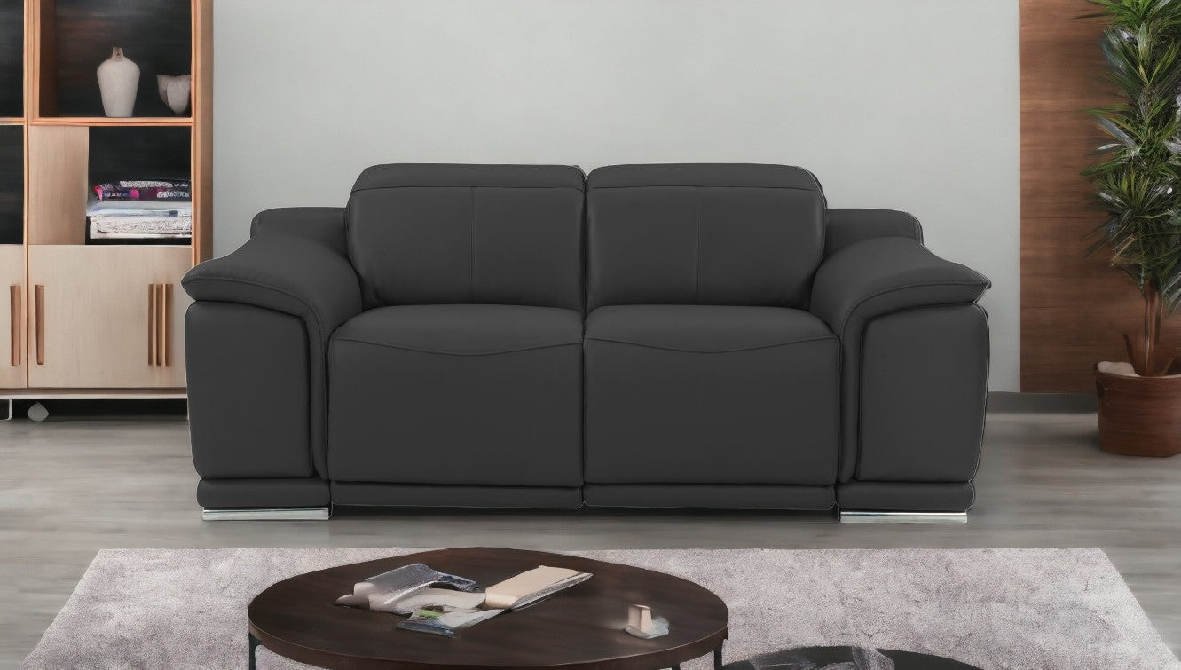 Love Seat reclinable de cuero italiano gris oscuro con espacio de almacenamiento de 72"