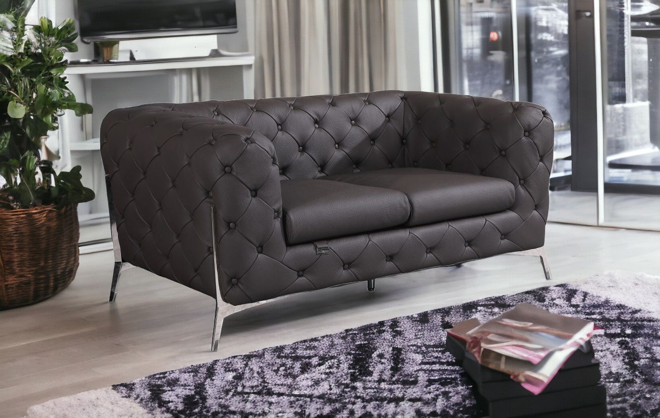 Dark Brown Tufted Italian Leather and Chrome Love Seat 69"