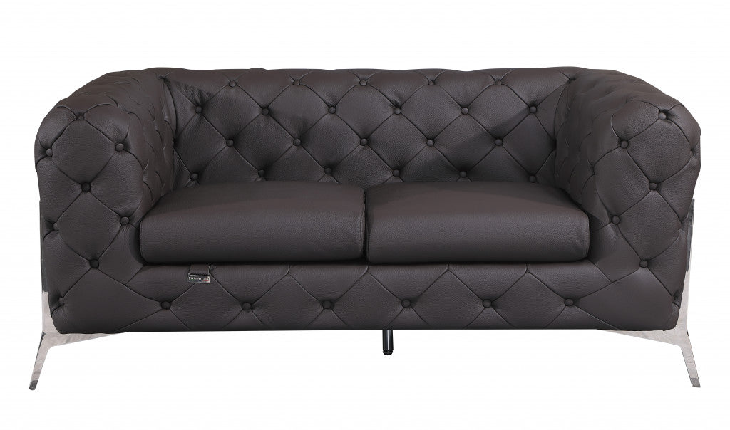 Dark Brown Tufted Italian Leather and Chrome Love Seat 69"