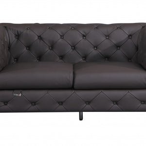 Dark Brown Tufted Italian Leather and Chrome Love Seat 69"