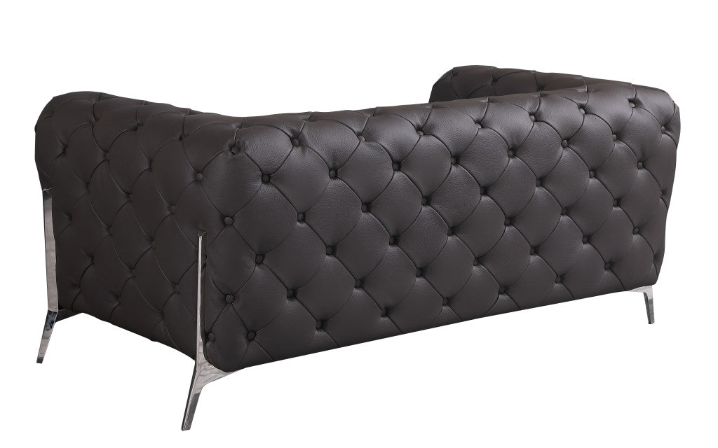 Dark Brown Tufted Italian Leather and Chrome Love Seat 69"