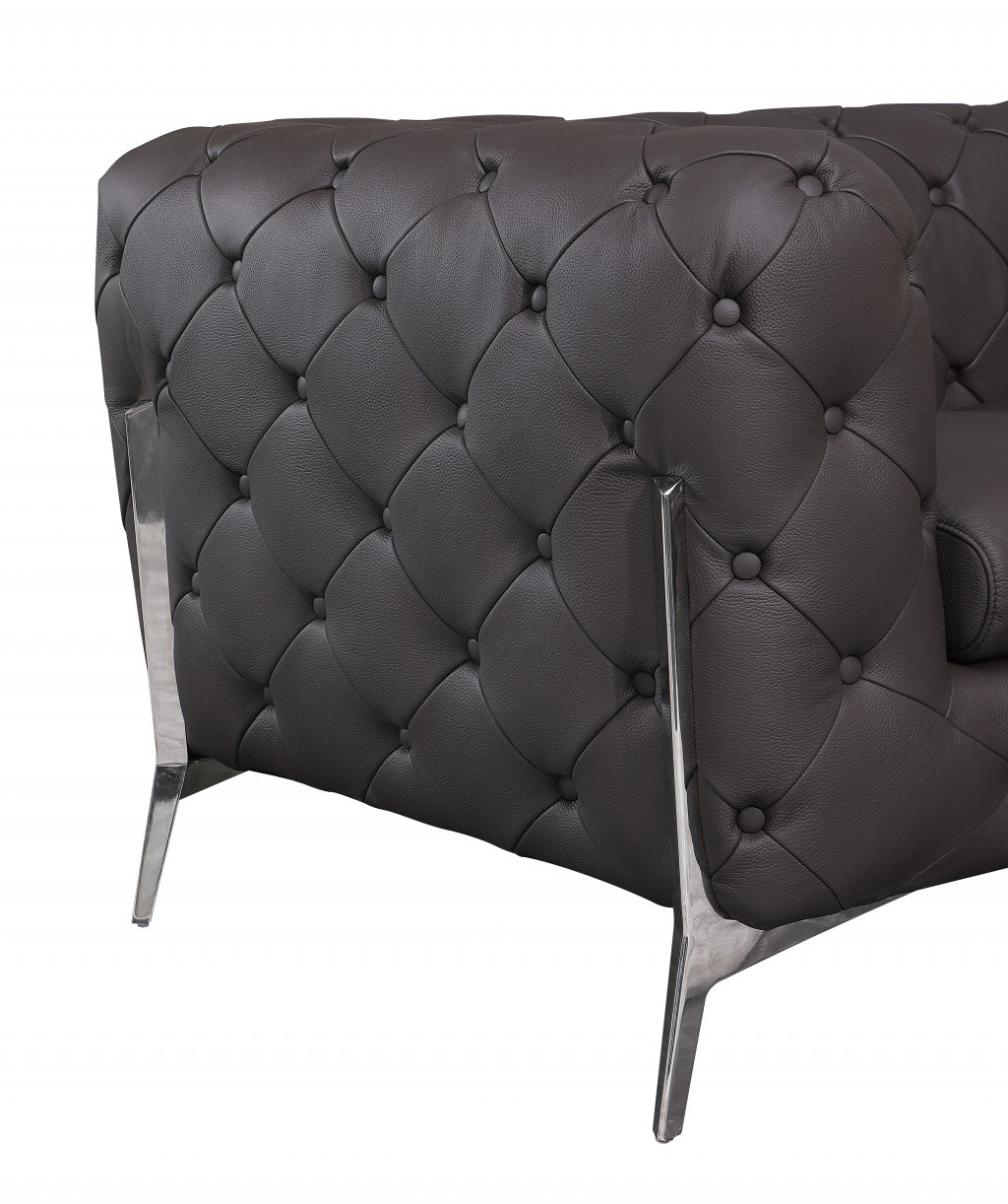 Dark Brown Tufted Italian Leather and Chrome Love Seat 69"
