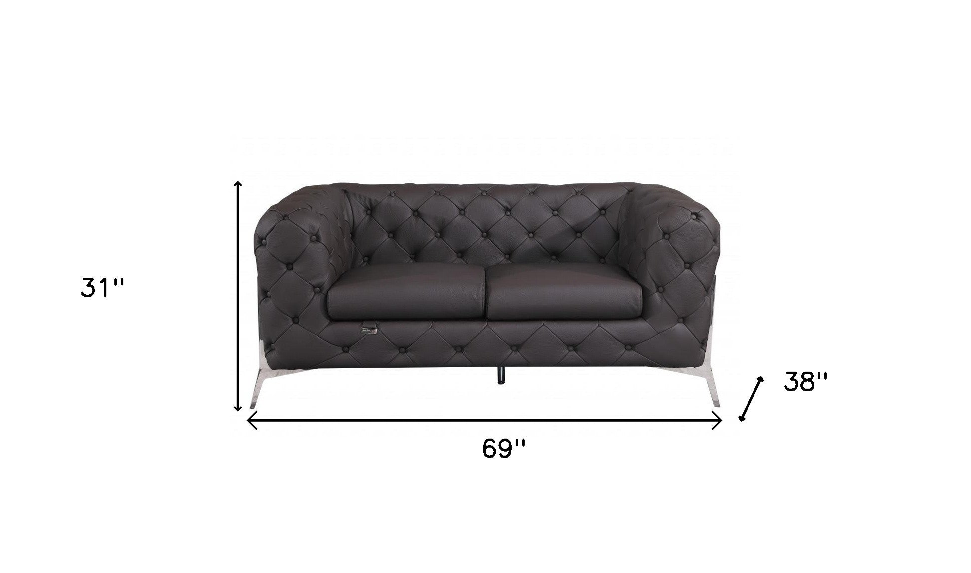 Dark Brown Tufted Italian Leather and Chrome Love Seat 69"