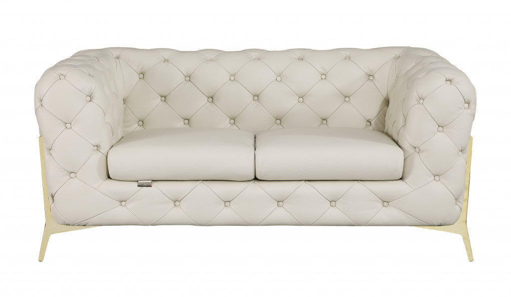 Beige All Over Tufted Italian and Gold Leather Love Seat 69"