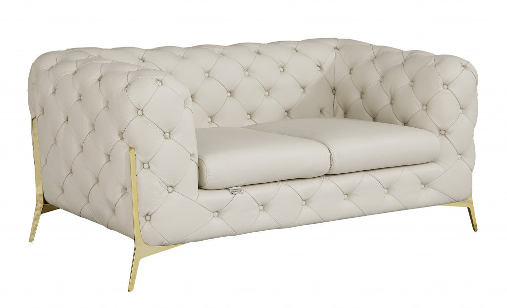Beige All Over Tufted Italian and Gold Leather Love Seat 69"