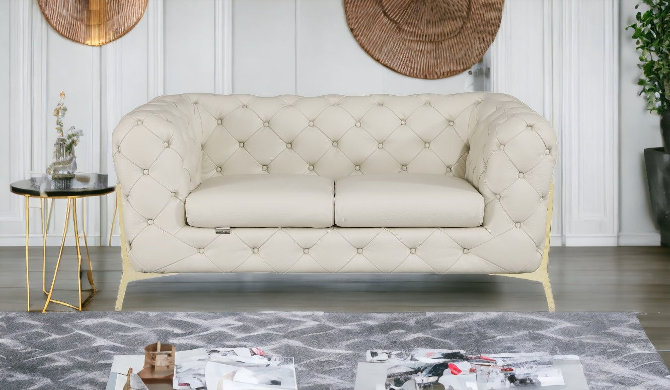Beige All Over Tufted Italian and Gold Leather Love Seat 69"