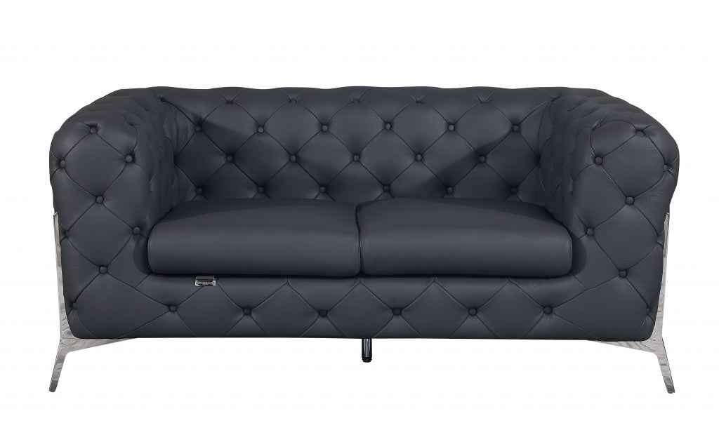 Dark Gray All Over Tufted Italian Leather and Chrome Love Seat 69"