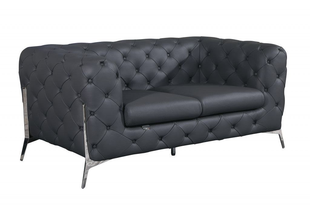 Dark Gray All Over Tufted Italian Leather and Chrome Love Seat 69"
