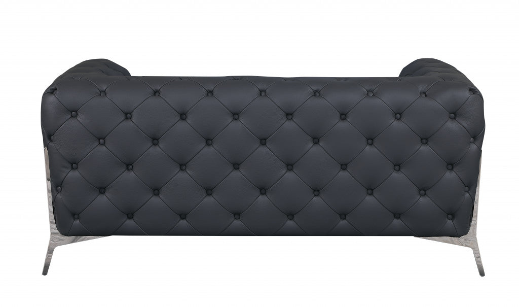 Dark Gray All Over Tufted Italian Leather and Chrome Love Seat 69"