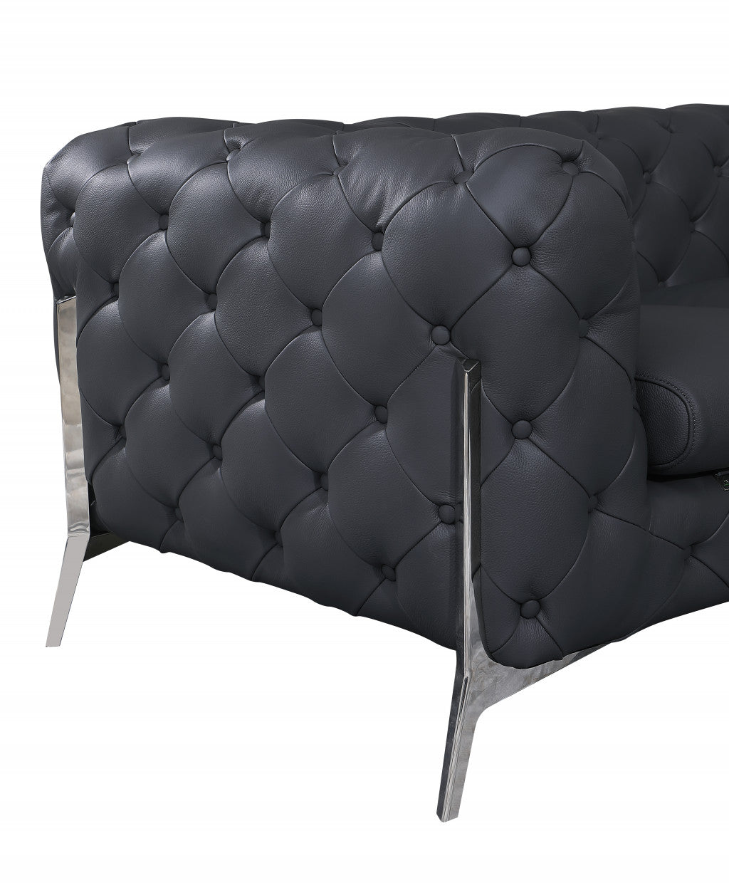 Dark Gray All Over Tufted Italian Leather and Chrome Love Seat 69"