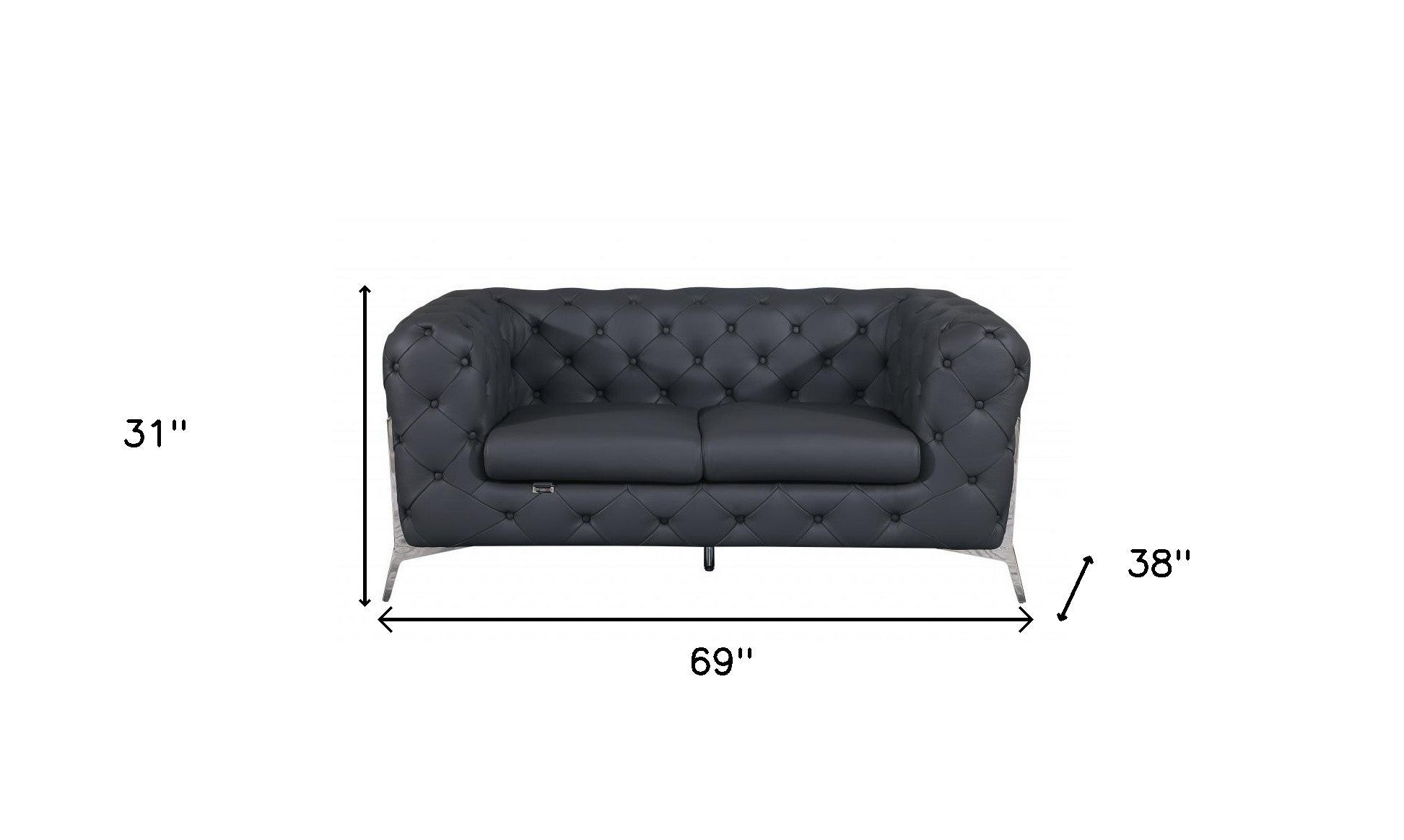 Dark Gray All Over Tufted Italian Leather and Chrome Love Seat 69"