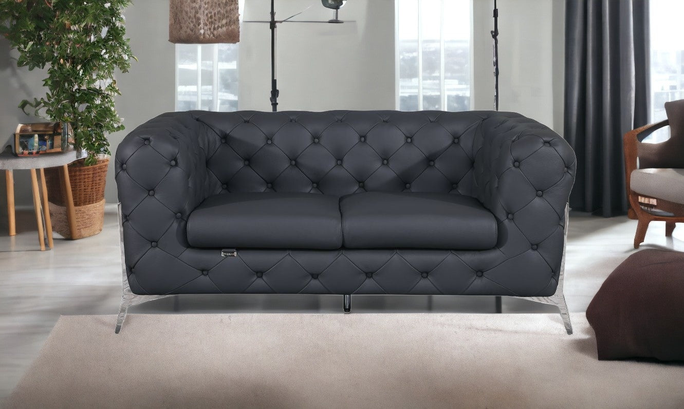 Dark Gray All Over Tufted Italian Leather and Chrome Love Seat 69"